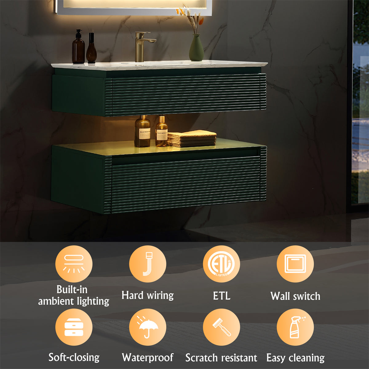 36" Floating Bathroom Vanity Set in Green with Lights and White Marble Countertop