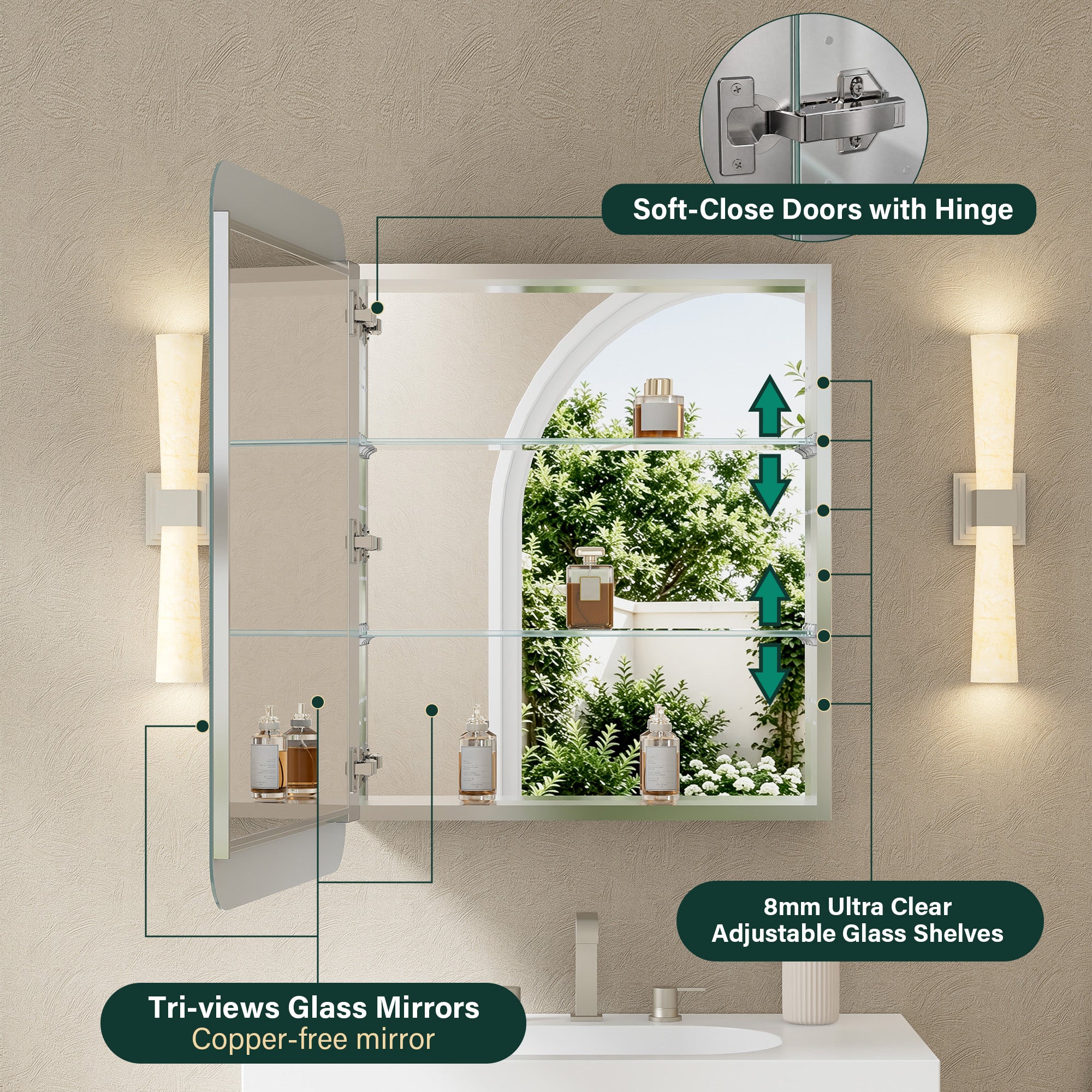 24 in. × 32 in. Aluminum Mirror Medicine Cabinet with Reversible Door Swing, Recessed or Surface Mount, Adjustable Shelves