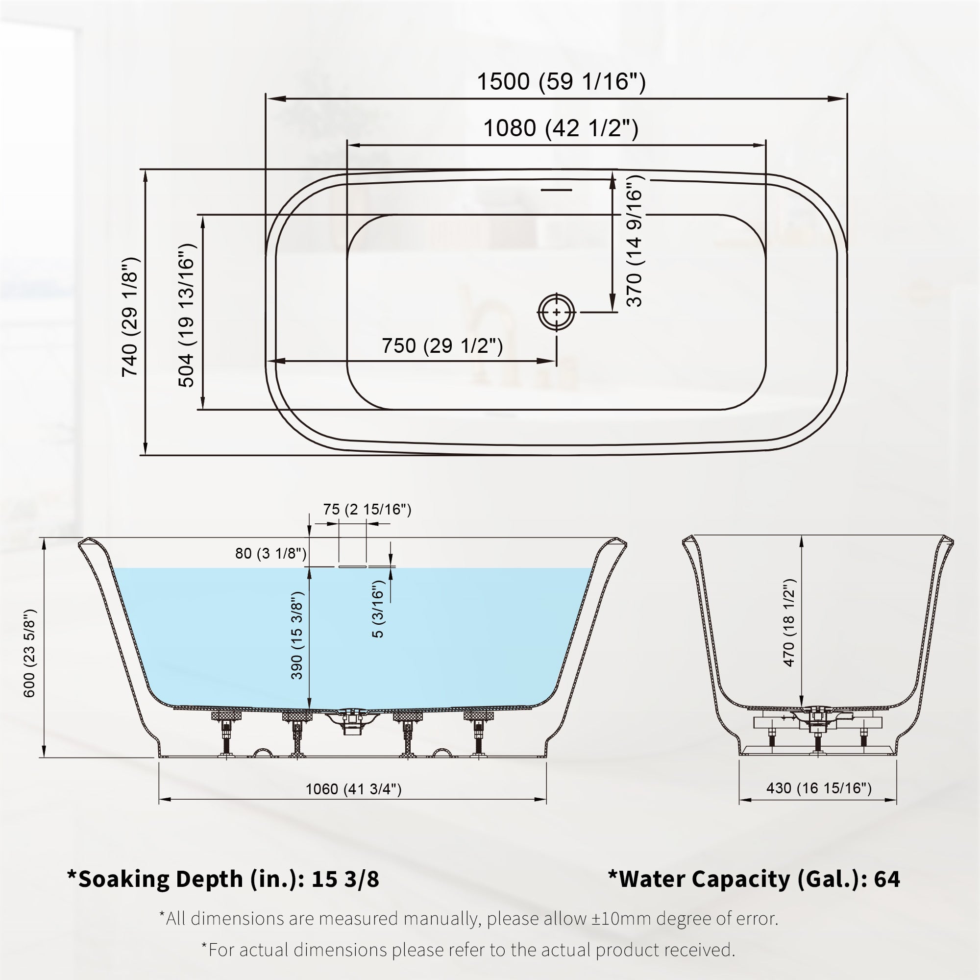 59" Modern Freestanding Acrylic Soaking Bathtub – 64 Gallon Deep Soaker Tub with Integrated Overflow