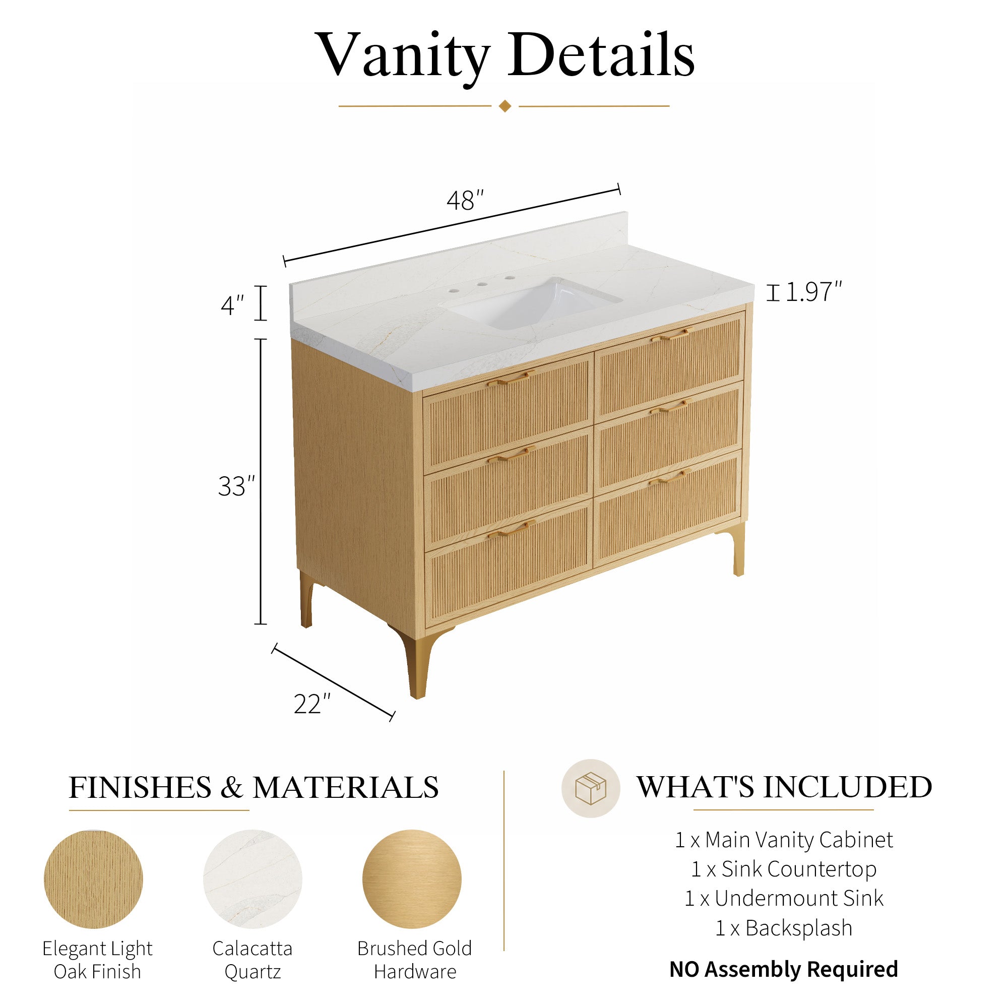 48 Inch Modern Solid Oak Bathroom Vanity with Calacatta Quartz Countertop, 6 Fluted Drawers & Brushed Gold Legs