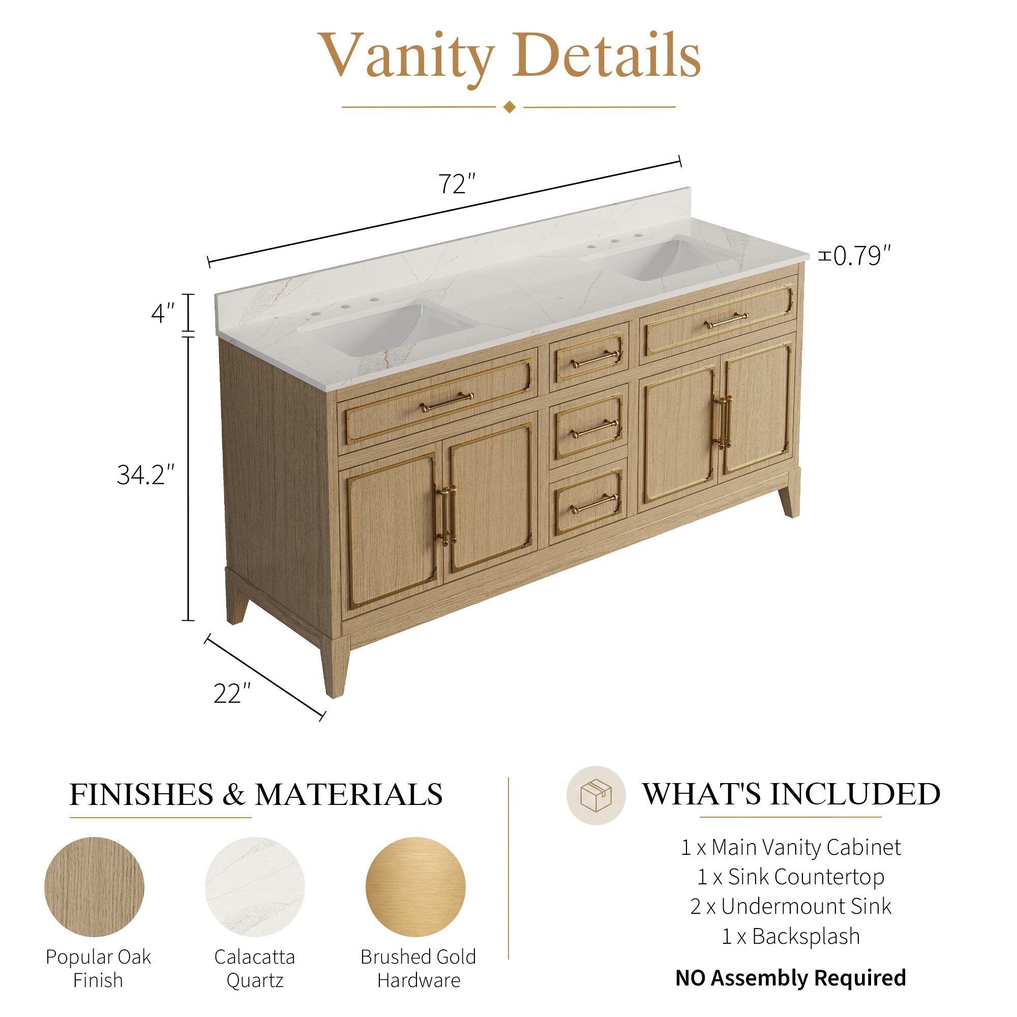 72 Inch Luxury Solid Oak Bathroom Vanity with Calacatta Quartz Countertop & Sinks, 3 Soft-Close Drawers and 2 Flip Drawers