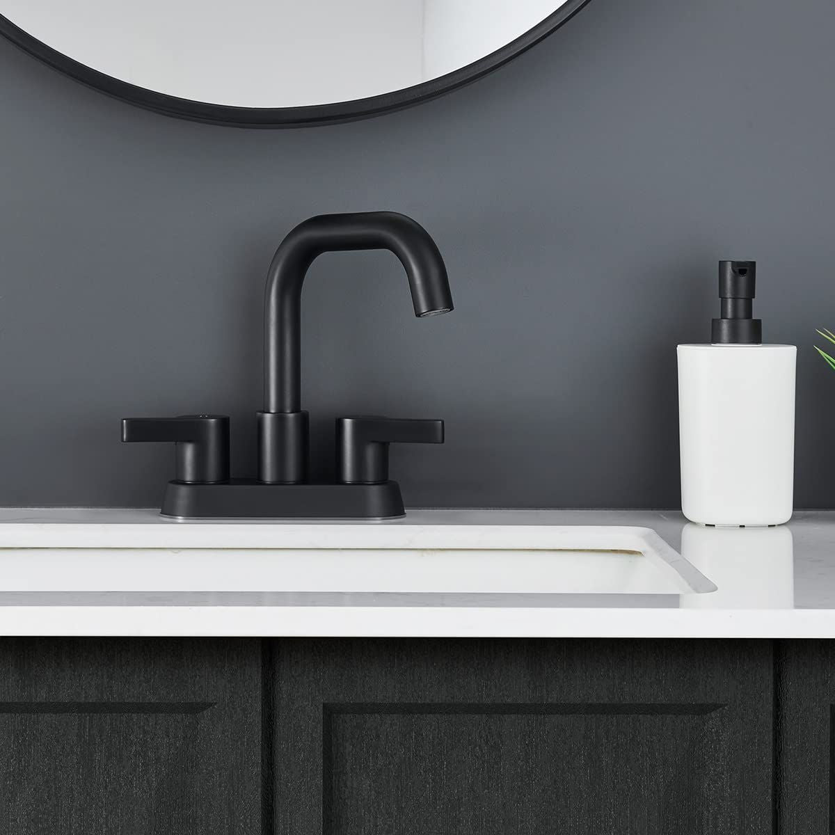 Matte Black 2 Handle 4 Inch Centerset Bathroom Faucet with Pop Up Drain and Supply Lines
