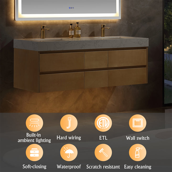 60" Modern Floating Maple Wood Bathroom Vanity Cabinet with LED Light and Double Basin