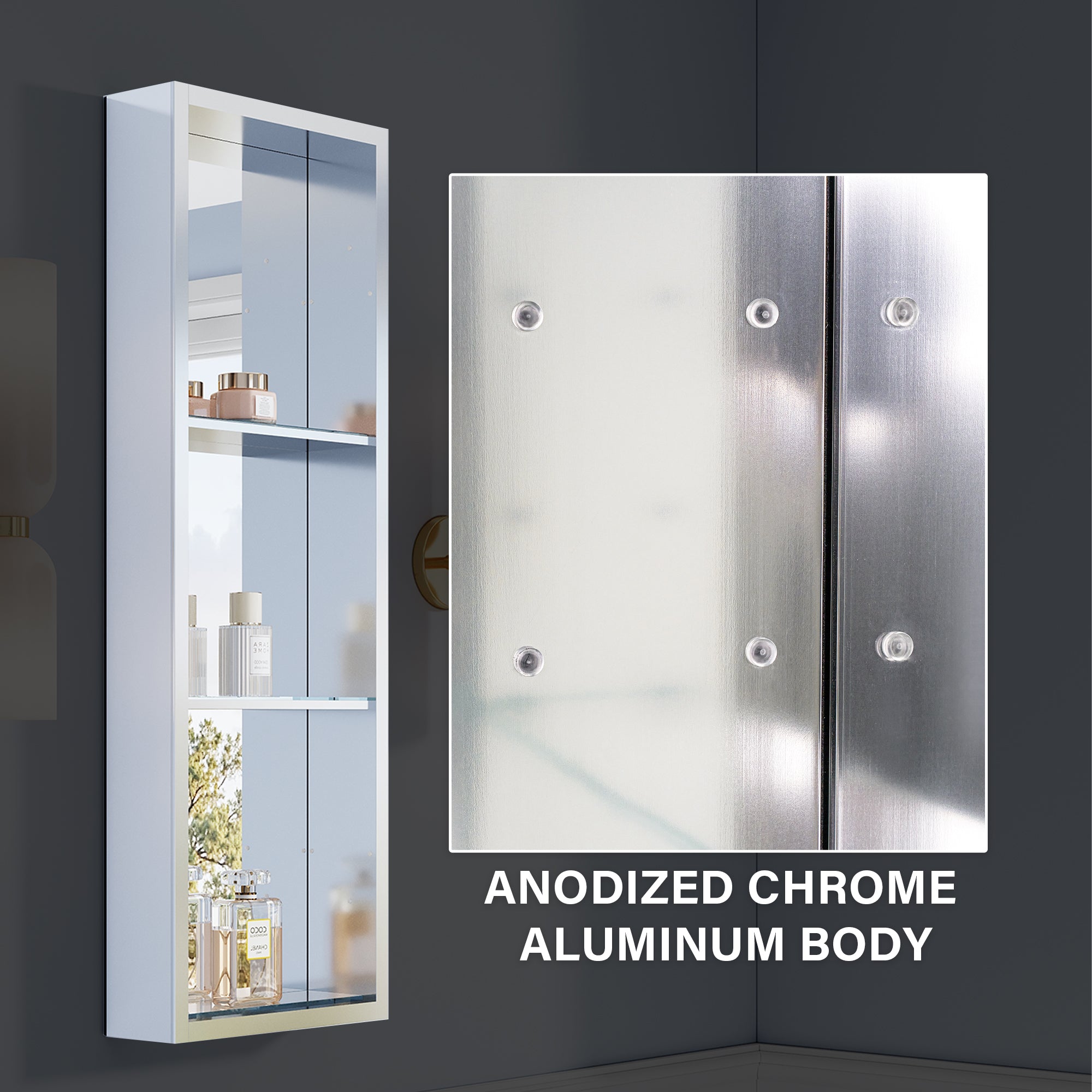 12 in.×36 in. Recessed/Surface Mount Aluminum Medicine Cabinet with Open Shelves and 3 PCS Tempered Glass