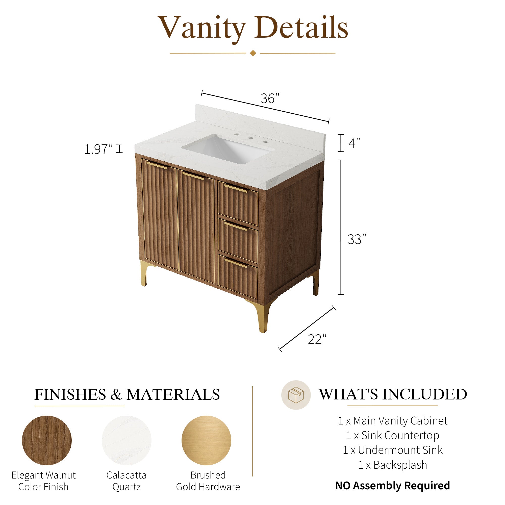 36 Inch Luxury Solid Oak Bathroom Vanity with Calacatta Quartz Countertop & 3 Dovetail Drawers and 2 Soft-close Doors