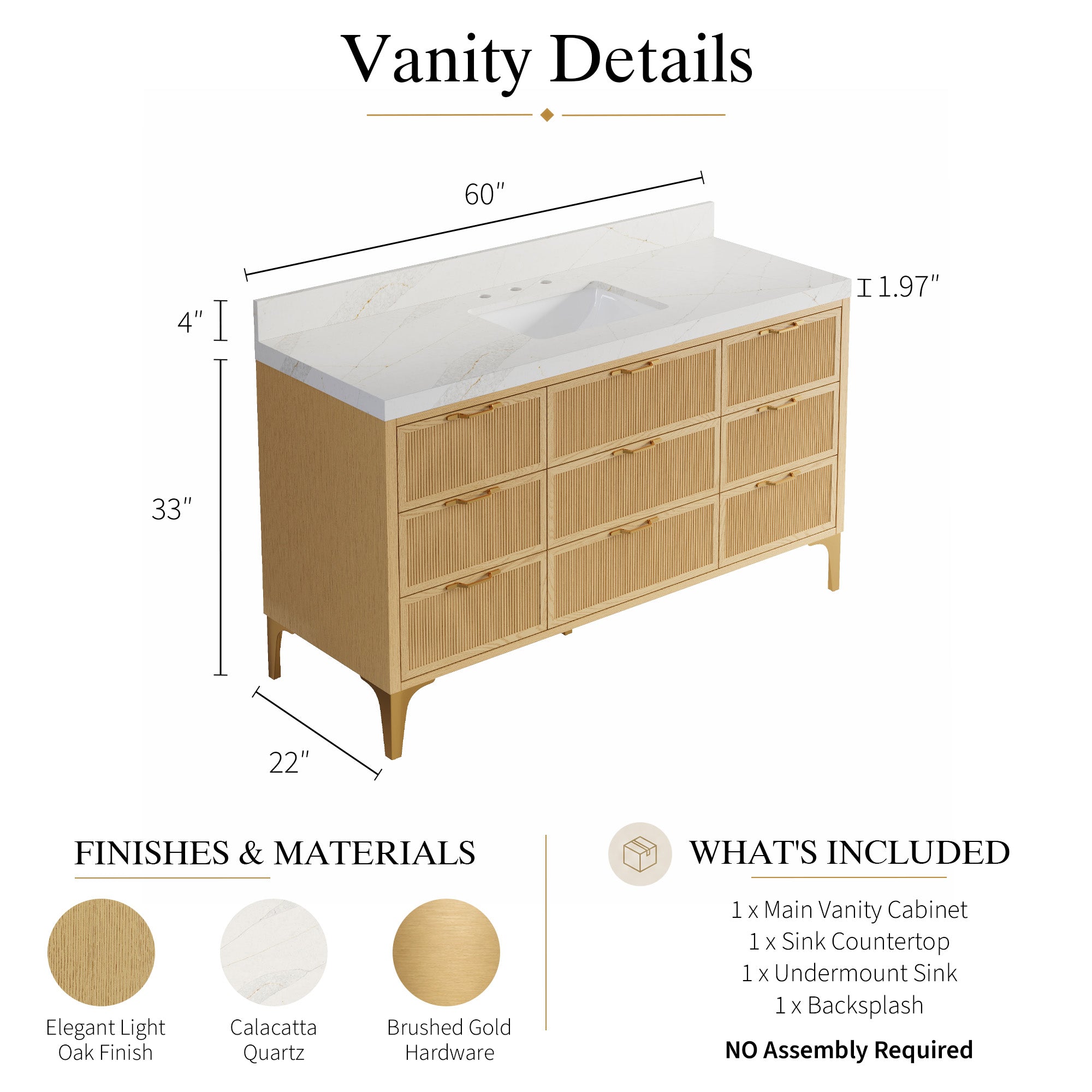 60 Inch Modern Solid Oak Bathroom Vanity with Calacatta Quartz Countertop, 9 Fluted Drawers & Brushed Gold Legs