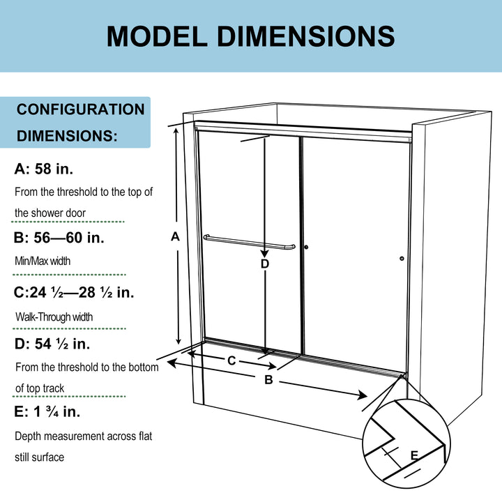 56" - 60" W x 58" H Single Sliding Frameless Tub Door with Clear Glass