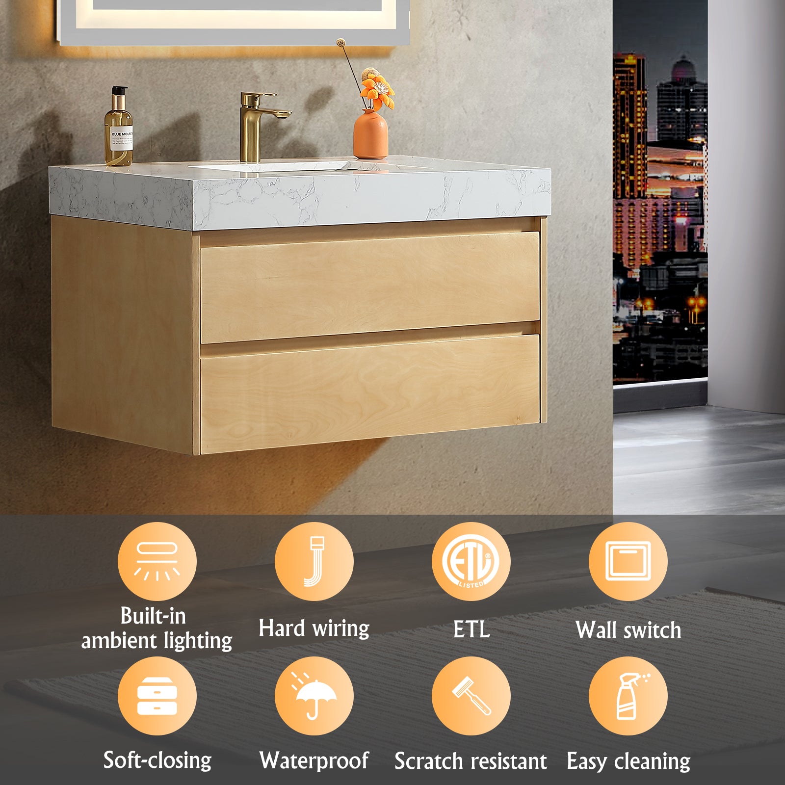 36" Modern Floating Maple Wood Bathroom Vanity Cabinet with LED Light and Stone Slab Countertop