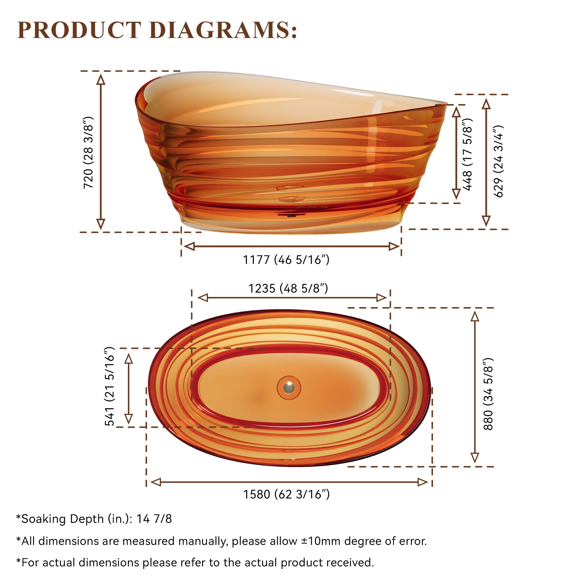 62" Pure Resin Transparent Freestanding Bathtub with Drain, Transparent Champagne