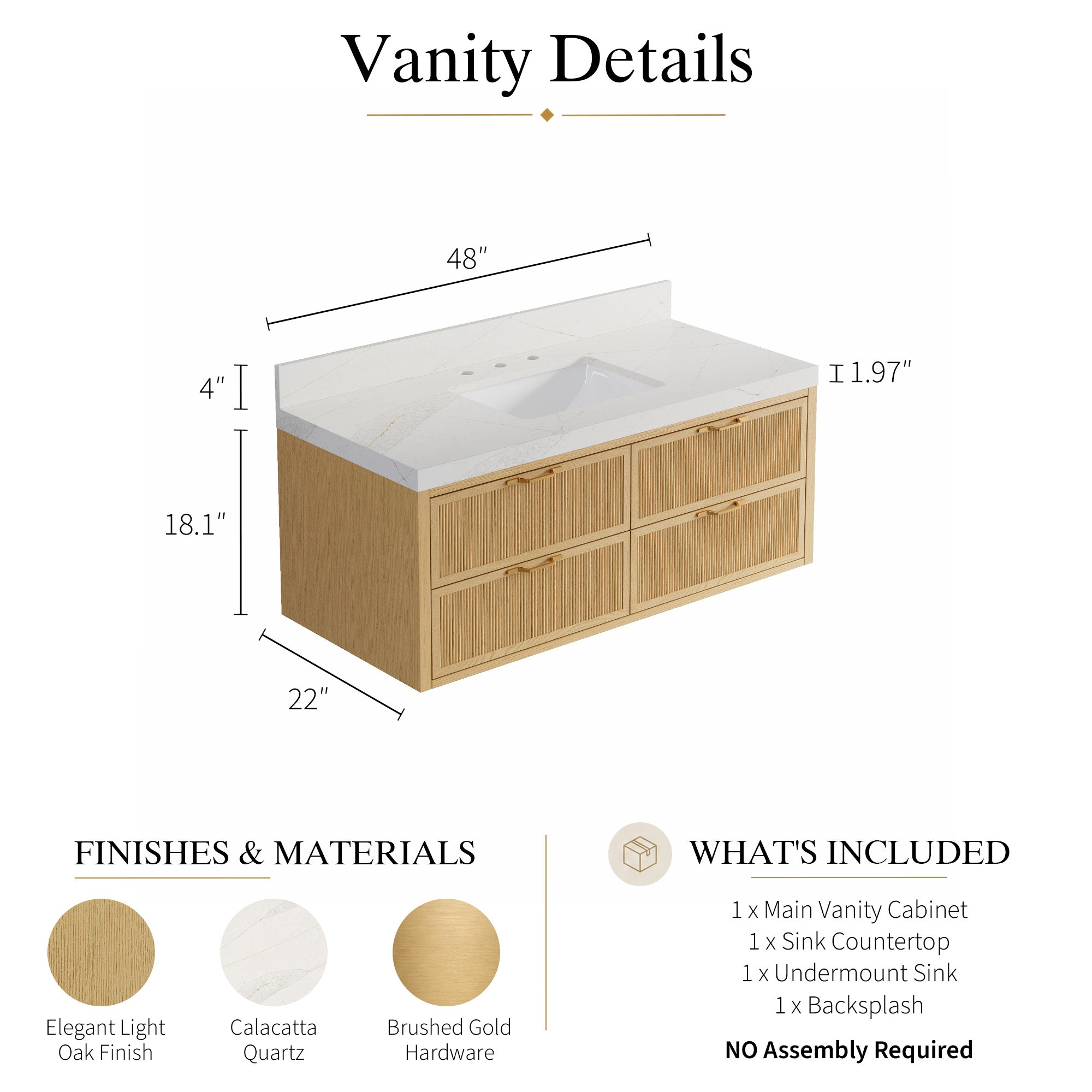 48-Inch Solid Oak Floating Bathroom Vanity with Calacatta Quartz Countertop, 4 Soft-Close Fluted Drawers