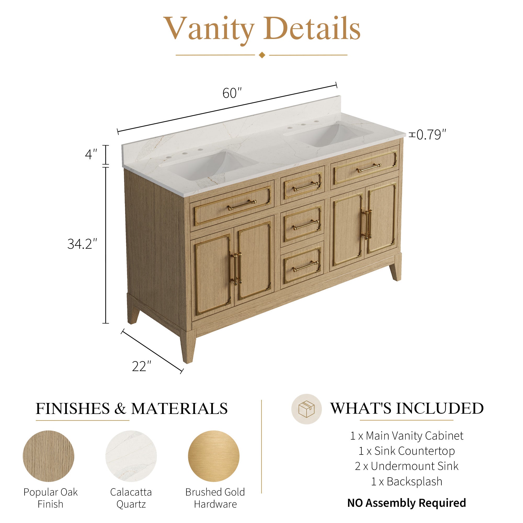 60 Inch Luxury Solid Oak Bathroom Vanity with Calacatta Quartz Countertop & Sinks, 3 Soft-Close Drawers and 2 Flip Drawers