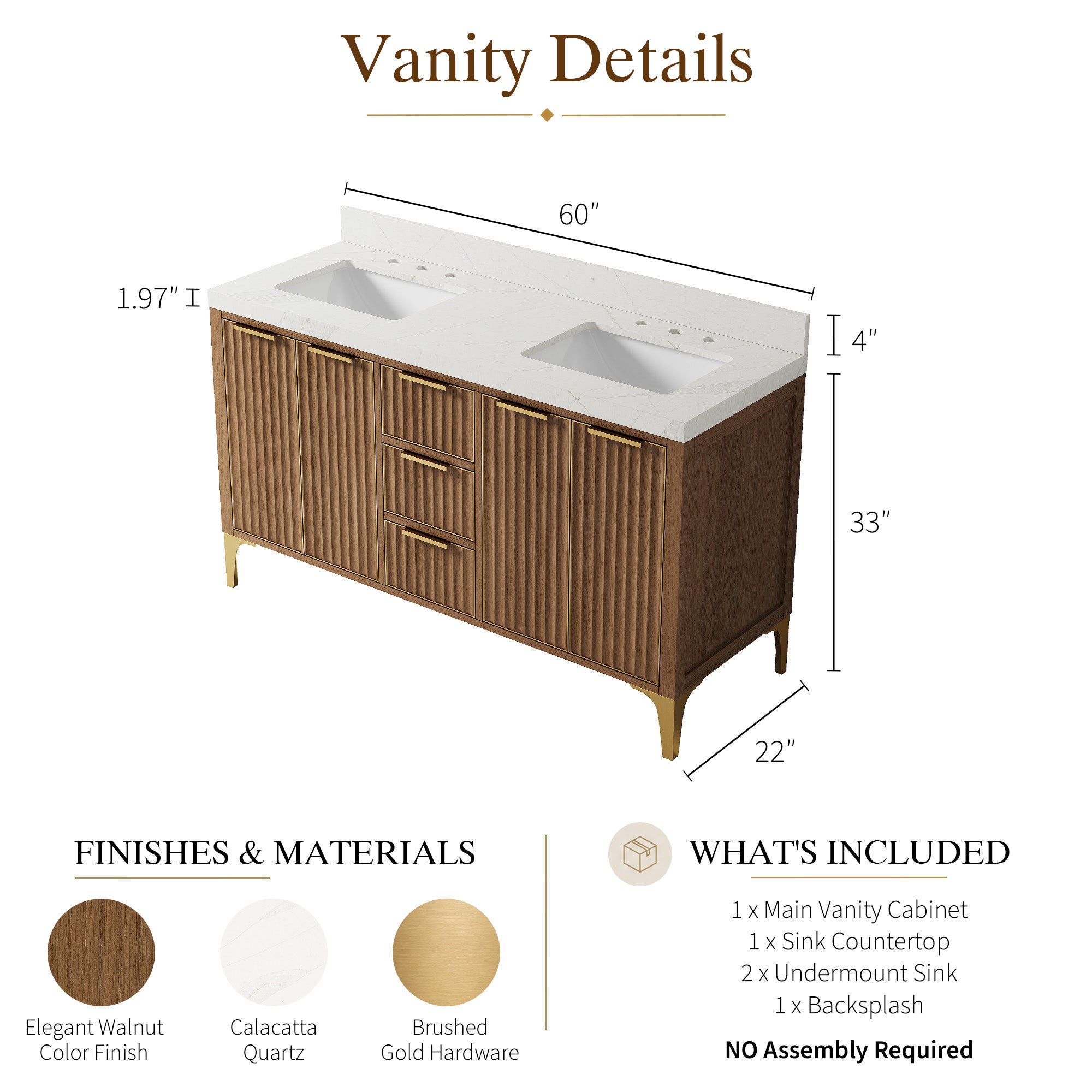 60 Inch Luxury Solid Oak Bathroom Vanity with Calacatta Quartz Countertop & 3 Dovetail Drawers and 4 Soft-close Doors
