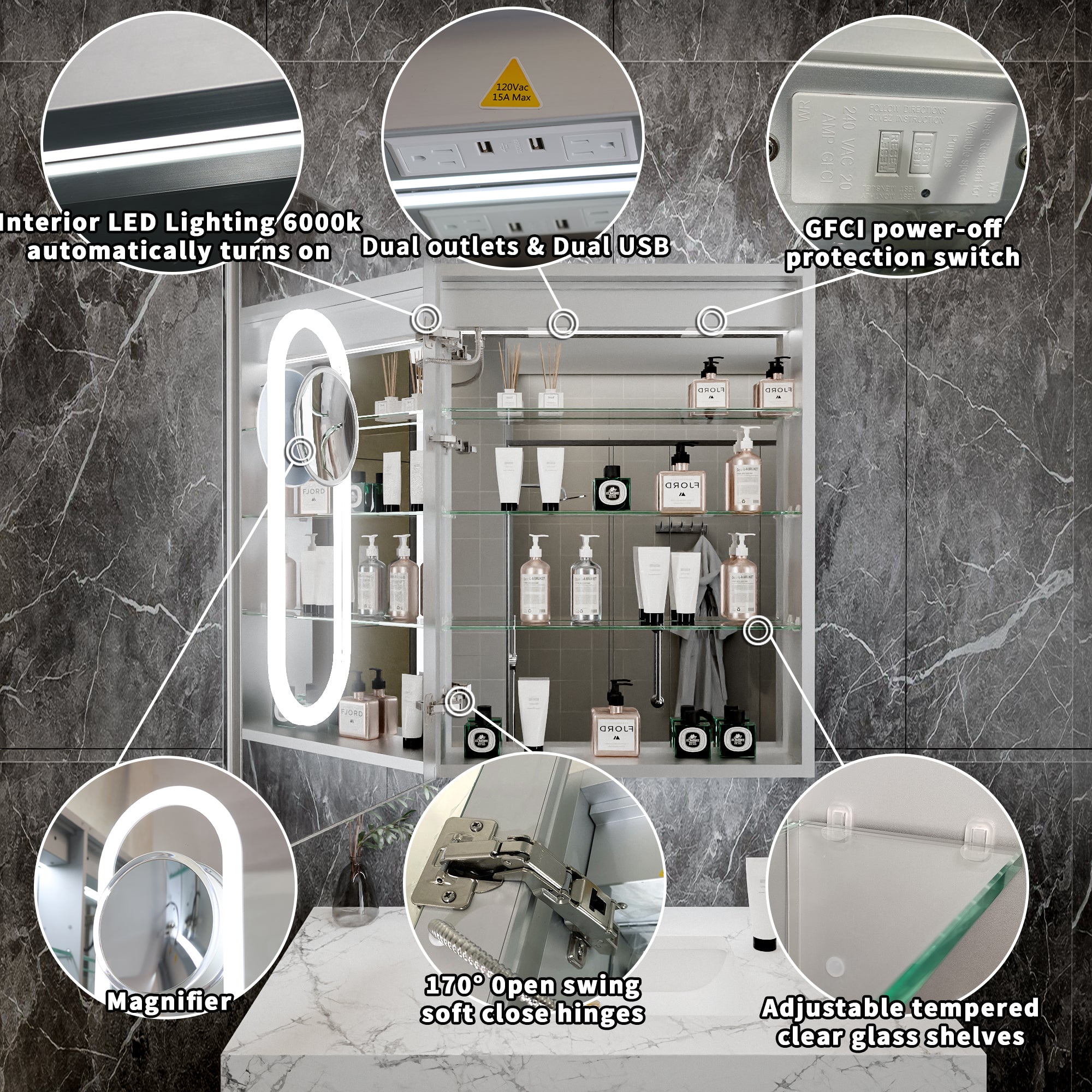 24 in. x 32 in. Recessed/Surface Mount Left LED Medicine Cabinet with 5X Magnifier Mirror, Aluminum Frame