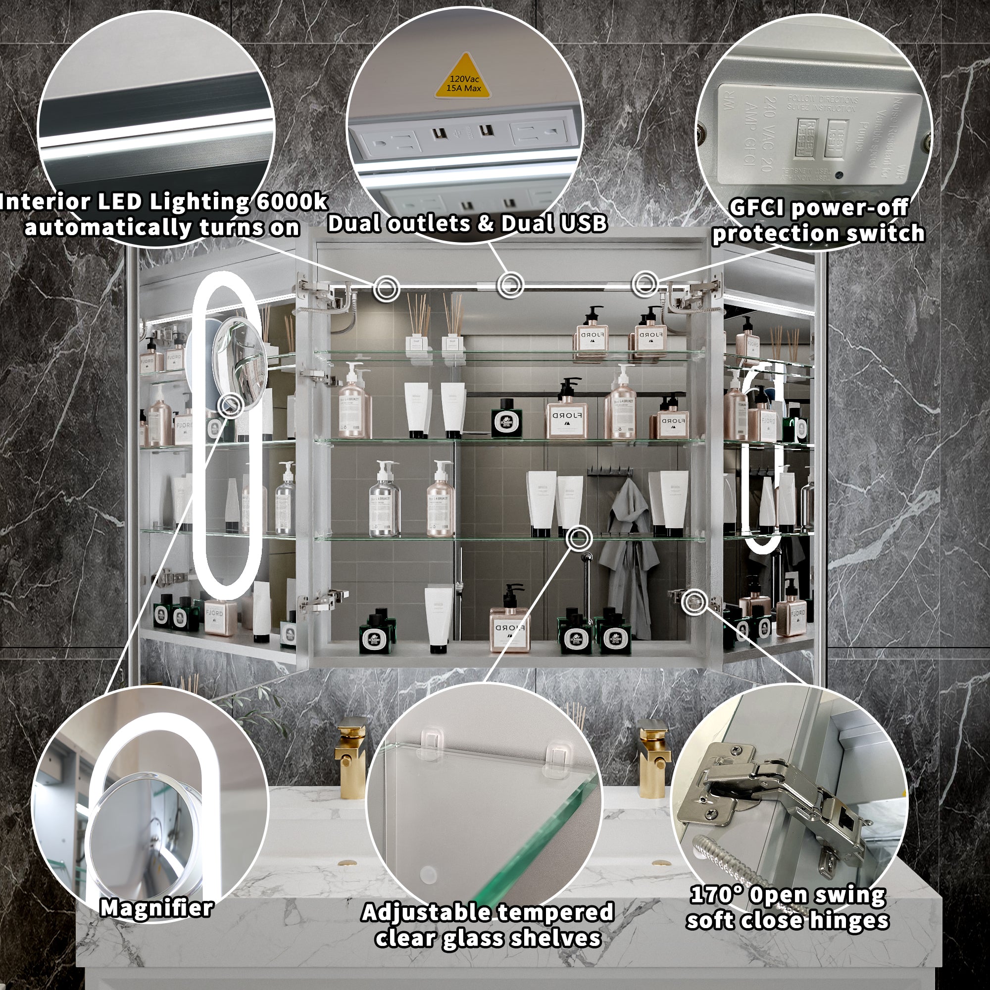 30 in. x 32 in. Recessed/Surface Mount LED Medicine Cabinet with 5X Magnifier Mirror, Aluminum Frame