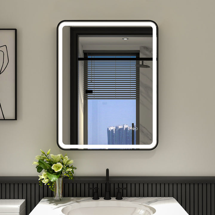 28 in. W x 36 in. H Framed Round Shaped Corners LED Light Bathroom Vanity Mirror in Black