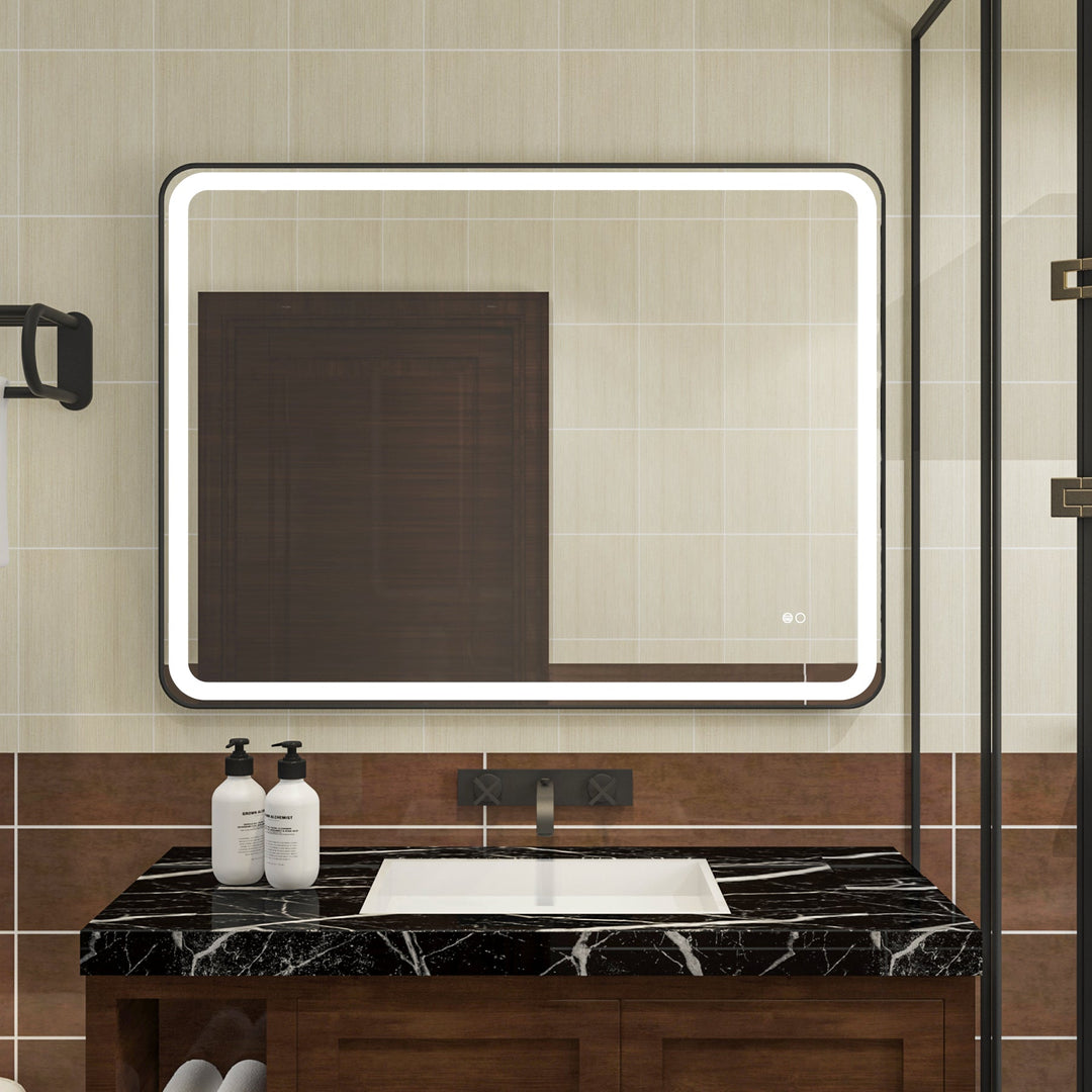 48 in. W x 36 in. H Framed Round Shaped Corners LED Light Bathroom Vanity Mirror in Black