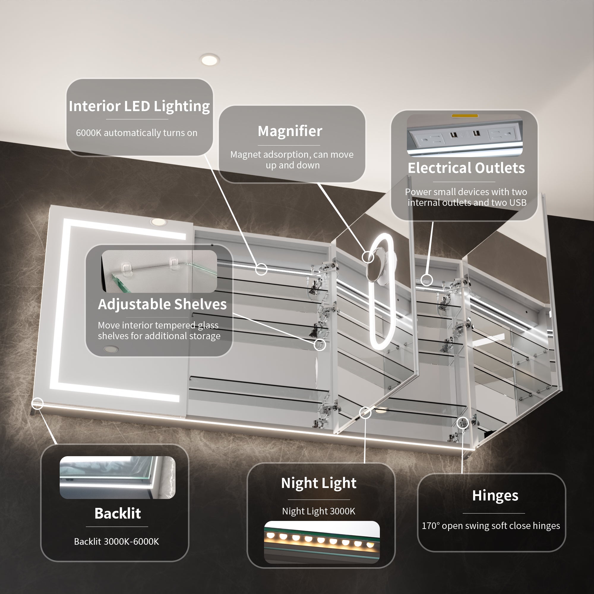 WELLFOR 72 in. x 36 in. Recessed/Surface Mount Right Medicine Cabinet with 5X Magnifier Mirror and Night Light