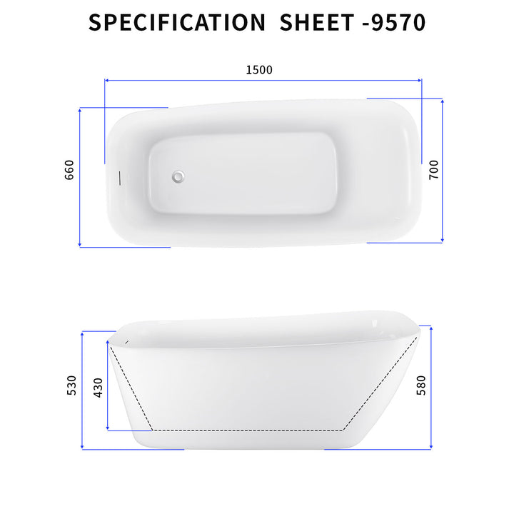59"/63" White Acrylic Freestanding Contemporary Soaking Bathtub