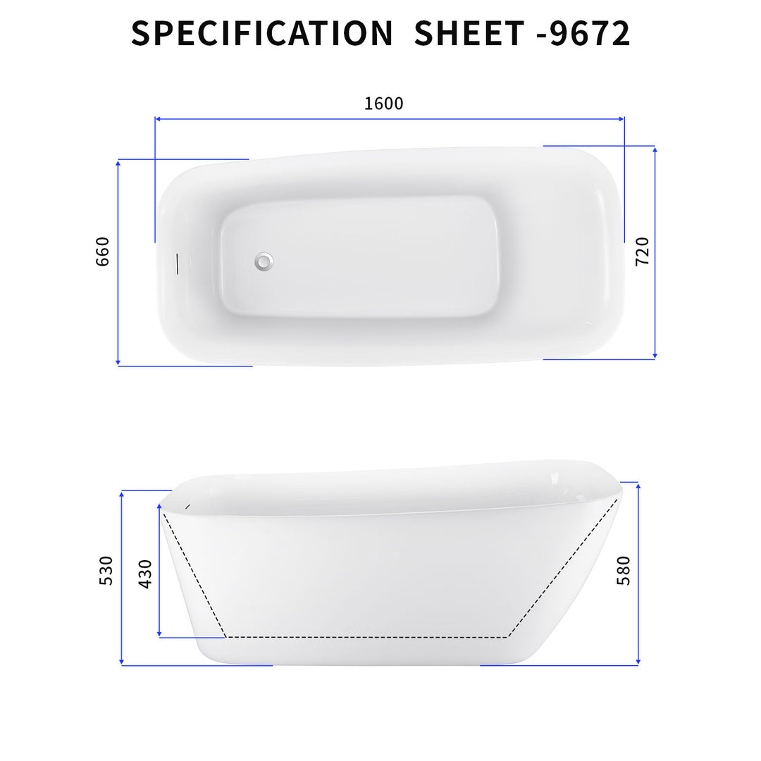 59"/63" White Acrylic Freestanding Contemporary Soaking Bathtub