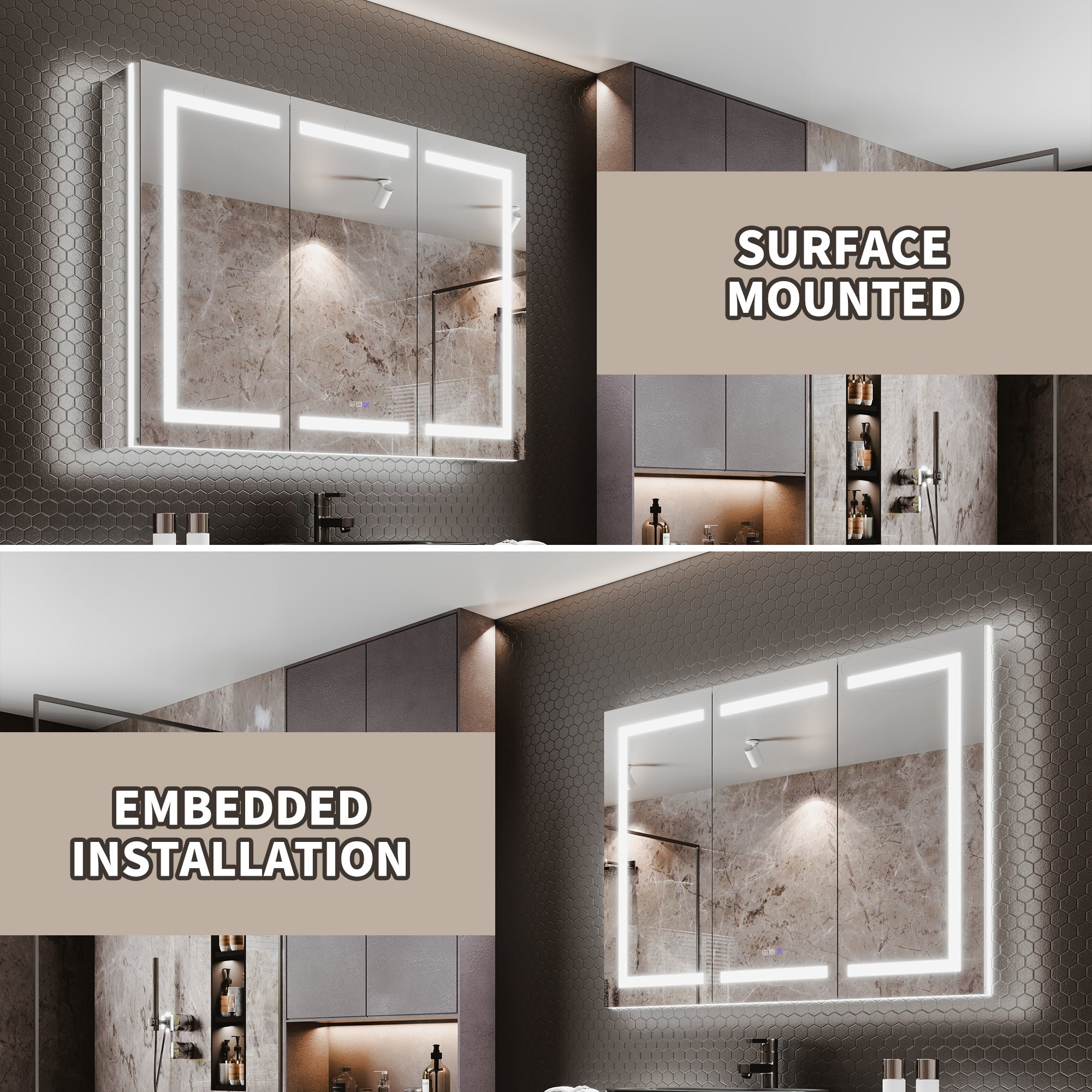 2-Pack 24 in. x 36 in. Recessed/Surface Mount Medicine Cabinet with 5X Magnifier Mirror and Night Light(Left+Right)
