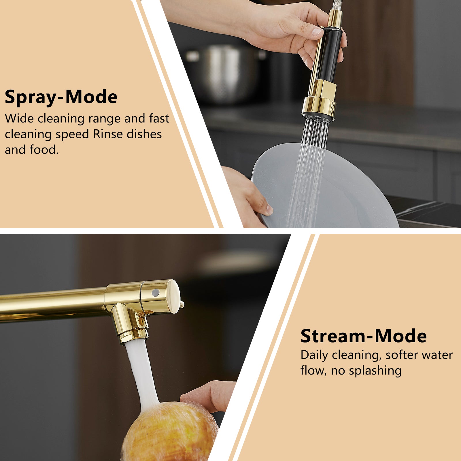 Single Handle Pull Down Sprayer Kitchen Faucet with 360° Rotation in Polished Gold