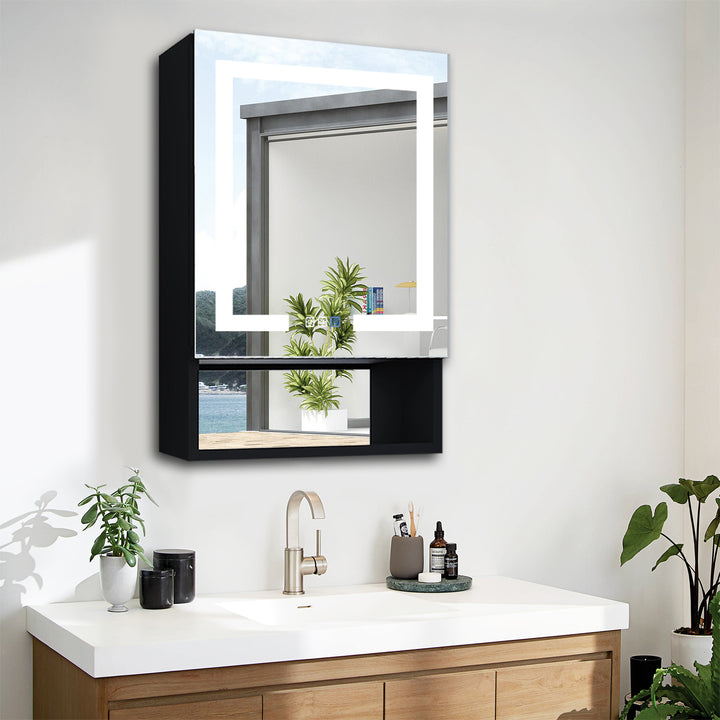 24" W x 32" H Lighted Black Bathroom Medicine Cabinet with Double Sided Mirror And Lights，Outlet Left Side