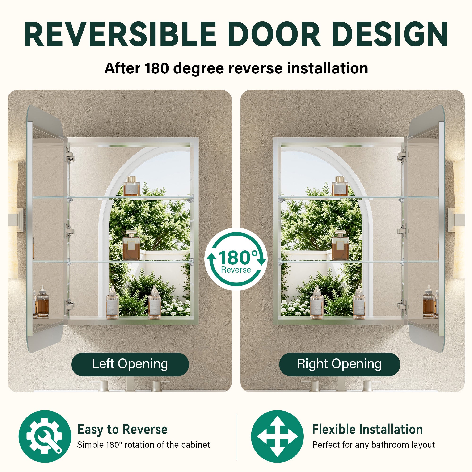 20 in. × 32 in. Aluminum Mirror Medicine Cabinet with Reversible Door Swing, Recessed or Surface Mount, Adjustable Shelves