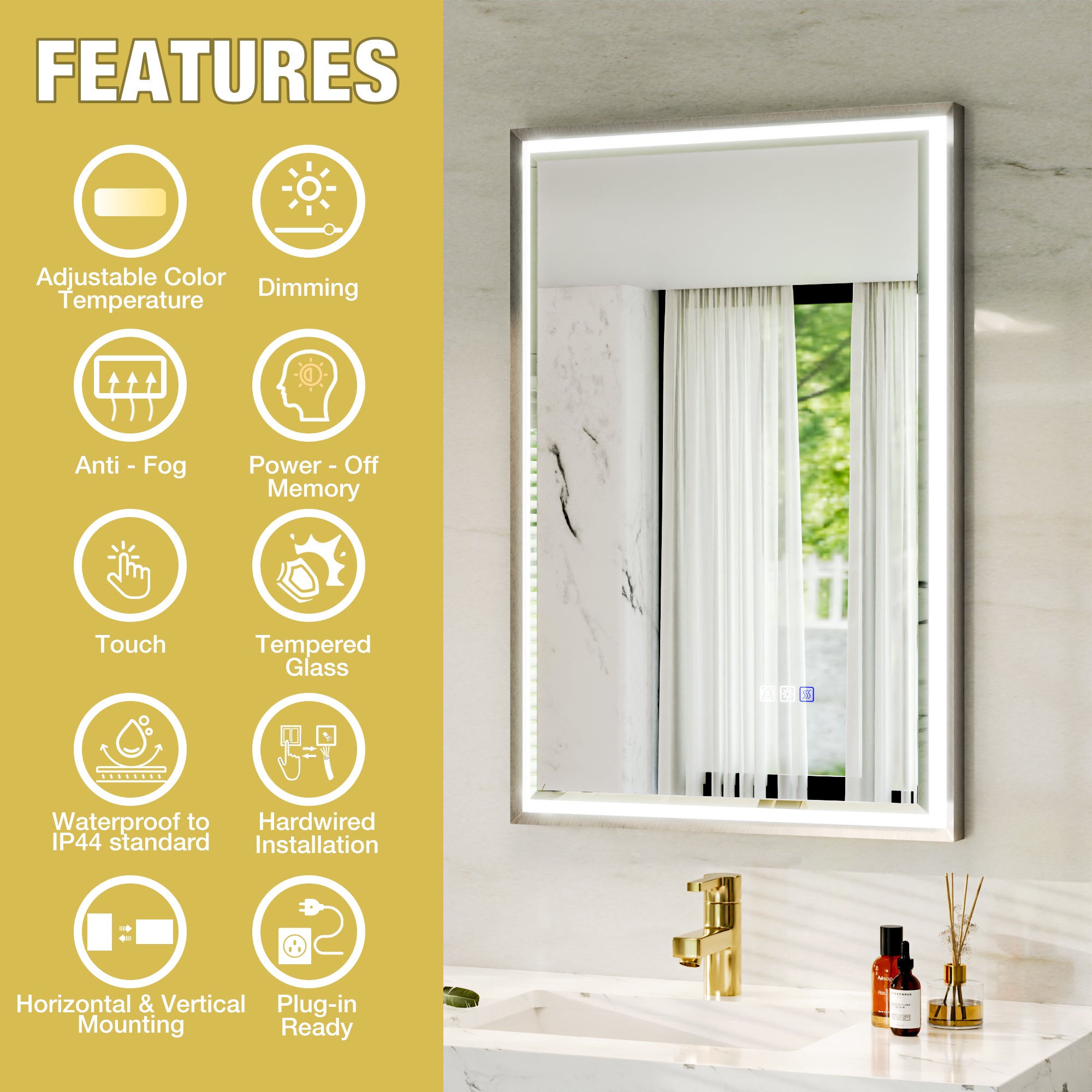 22 in. W x 34 in. Aluminum Framed LED Bathroom Mirror - Anti-Fog, Dimmable, Smart Memory, Brushed Nickel