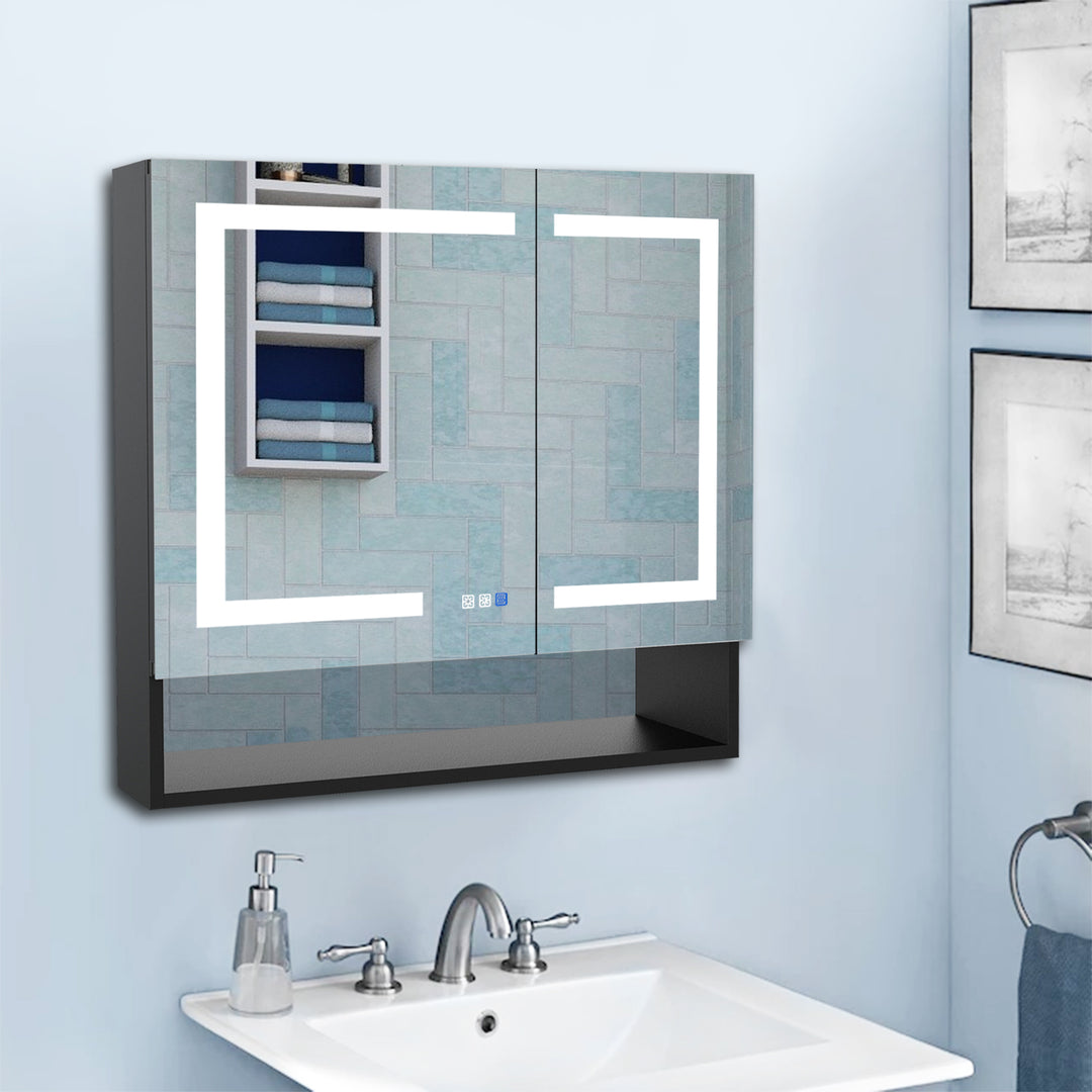 36" W x 32" H LED Lighted Mirror Black Medicine Cabinet with Shelves for Bathroom Recessed or Surface Mount