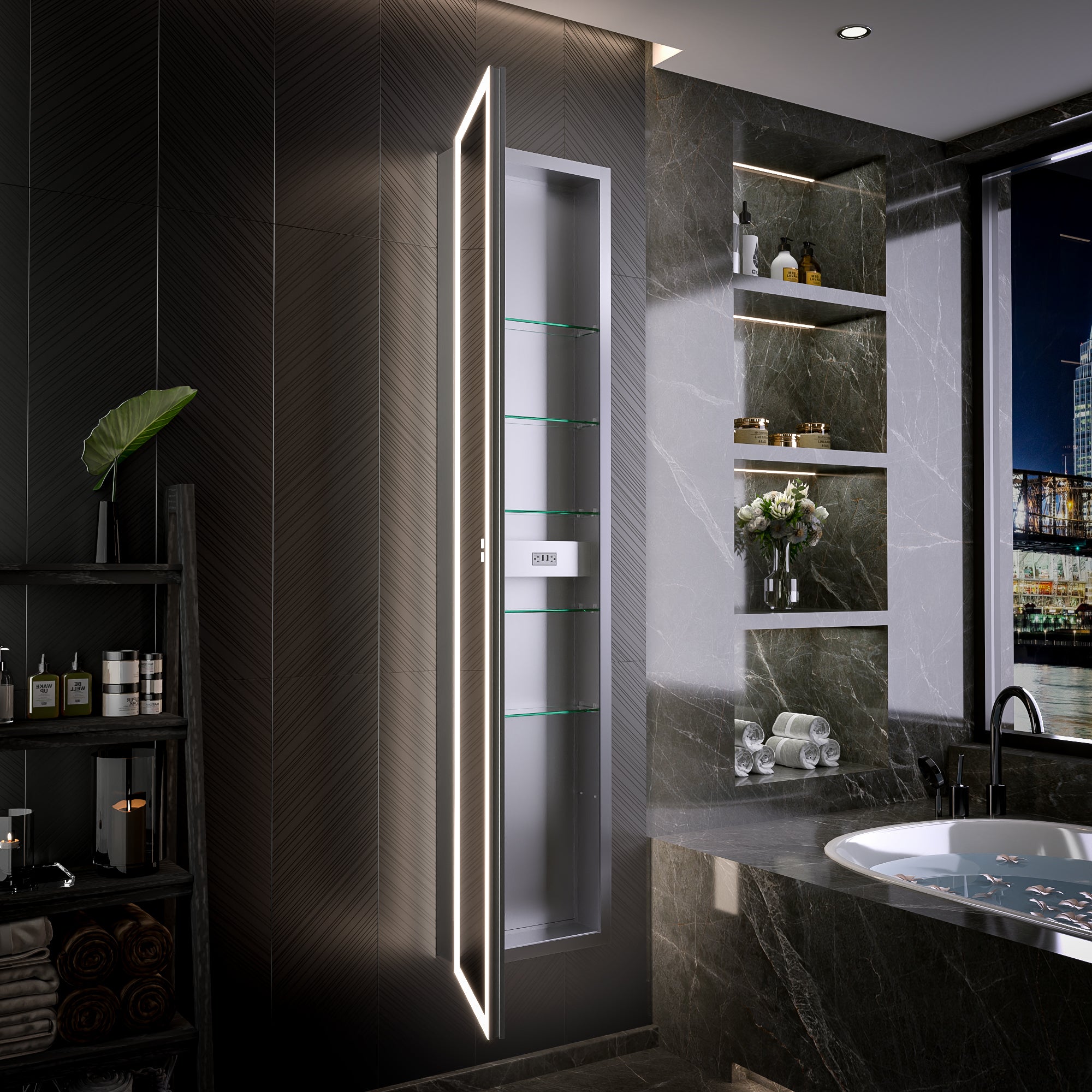 16 in. x 70 in. Recessed/Surface Mount Full Length LED Mirror Cabinet with Front&Backlit and Reversible Door Design