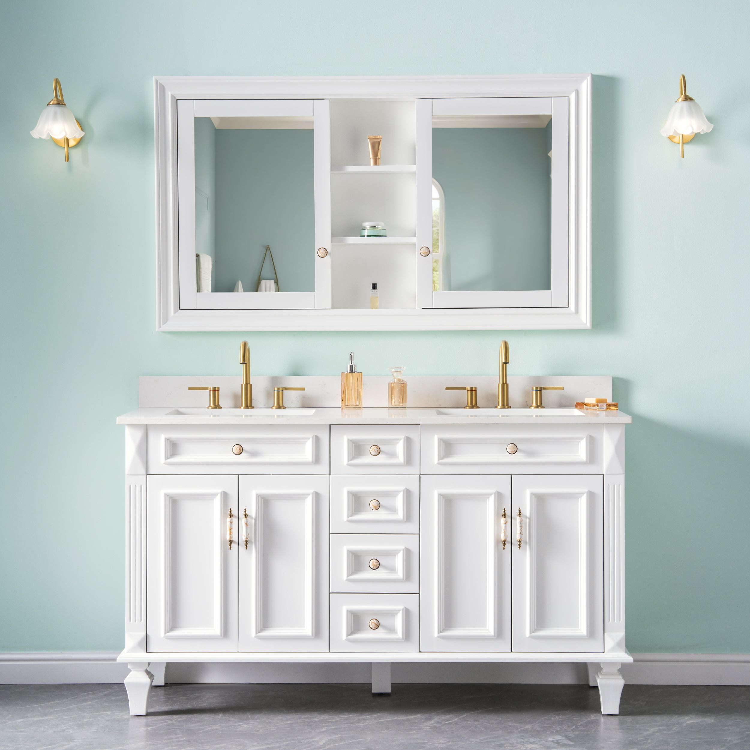 55 in.W x 32 in.H Recessed Bathroom Medicine Cabinet with Mirror in White