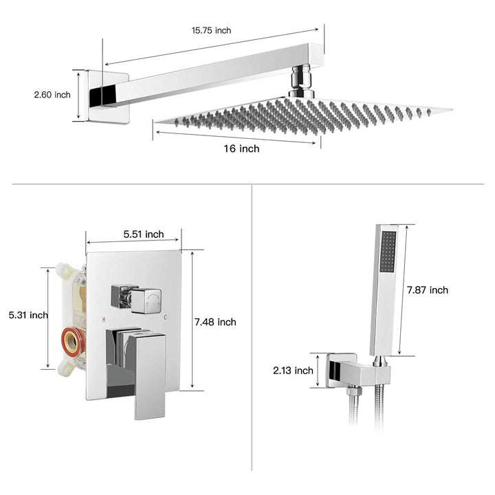 10inch/ 12inch/ 16inch Showerhead Single-Handle 2-Spray Square  Shower Faucet Valve Included