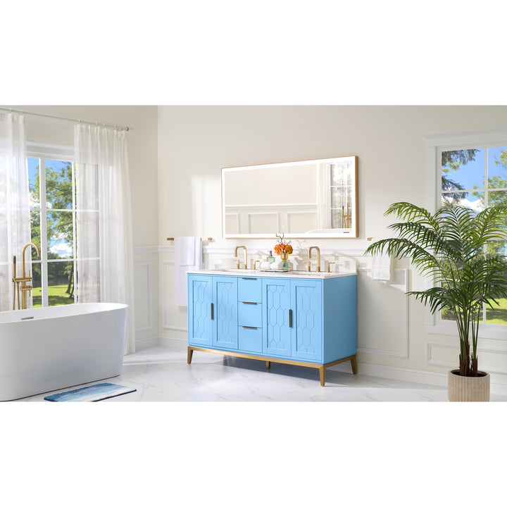 60 in. W x 22 in. D x 35 in. H Bathroom Vanity in Light Blue with Carrara White Quartz Vanity Top with White Sink