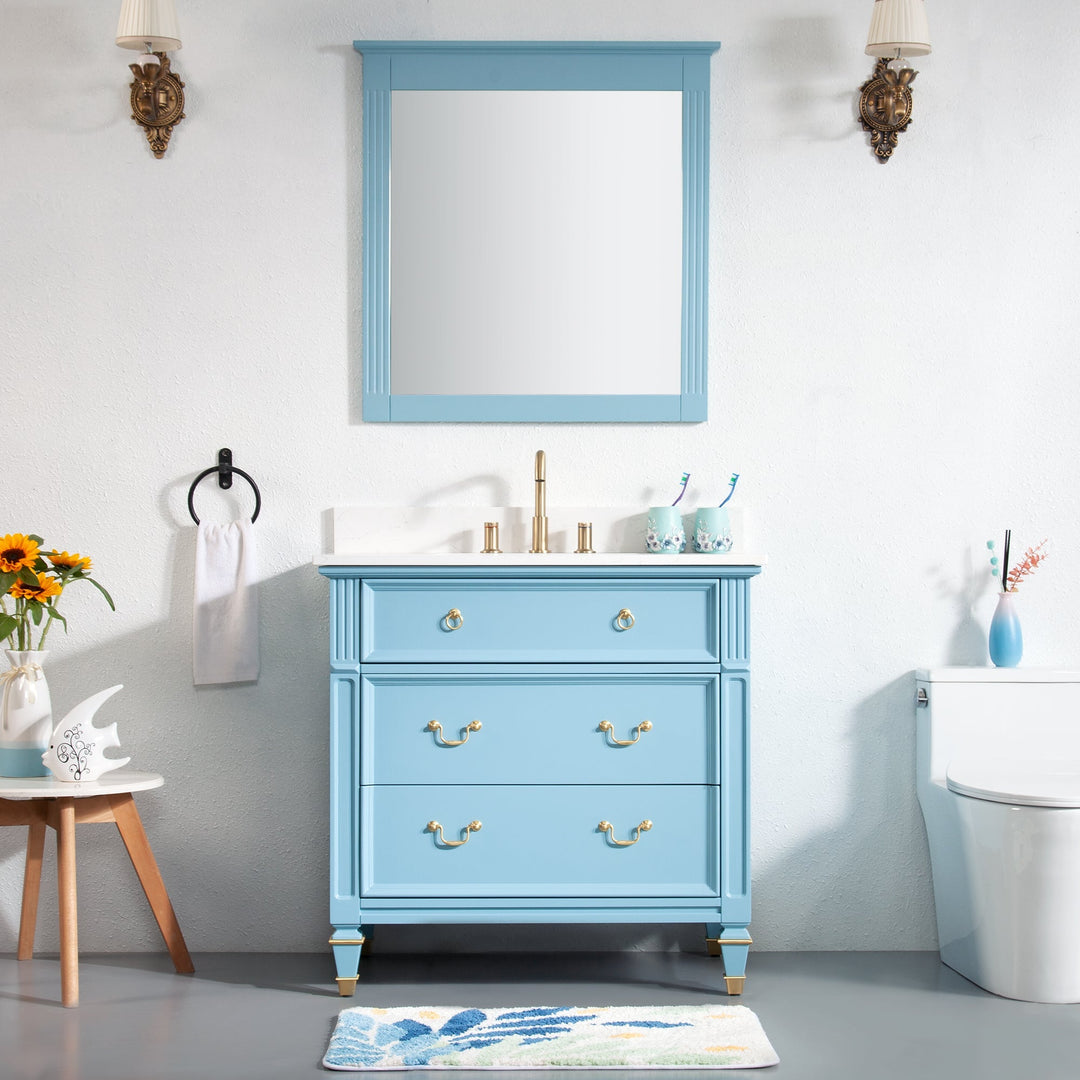 36" Classic Blue Single Sink Freestanding Solid Wood Bathroom Vanity Storage Organizer with Carrara White Quartz Countertop