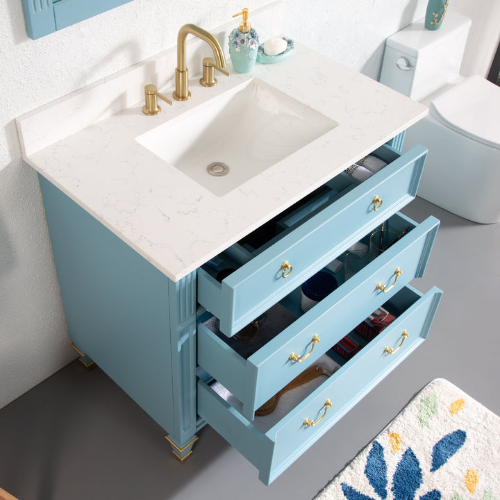 36 in. Classic Blue Single Sink Freestanding Solid Wood Bathroom Vanity Storage Organizer with Carrara White Quartz Countertop