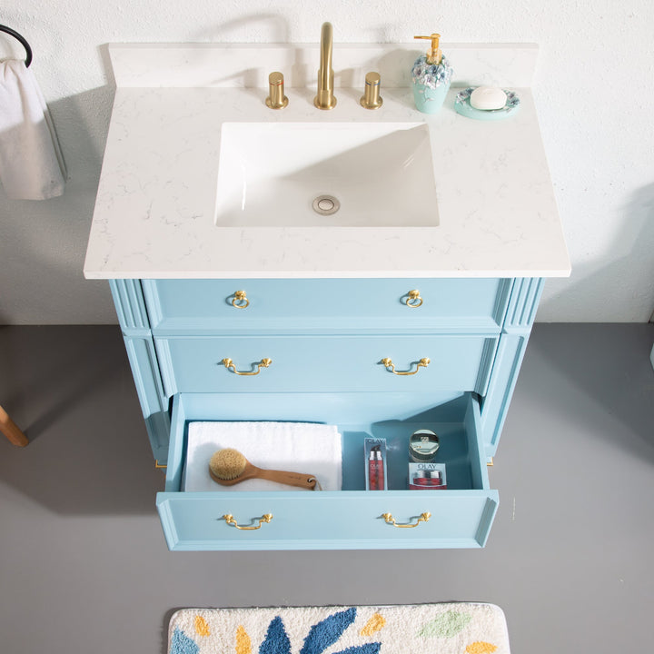 36" Classic Blue Single Sink Freestanding Solid Wood Bathroom Vanity Storage Organizer with Carrara White Quartz Countertop