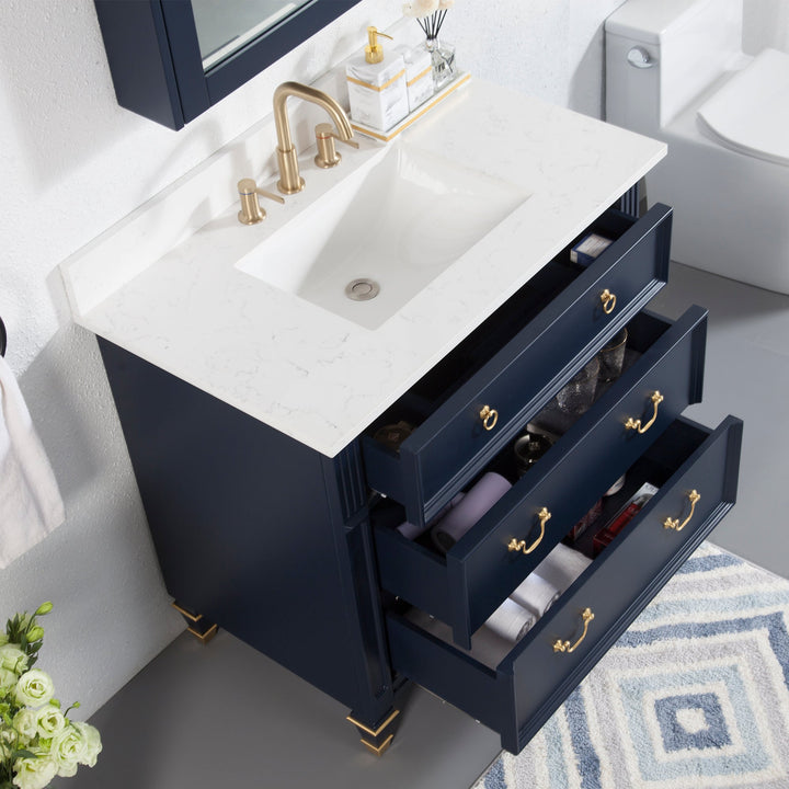 36 in. Navy Blue Single Sink Freestanding Solid Wood Bathroom Vanity Storage Organizer with Carrara White Quartz Countertop