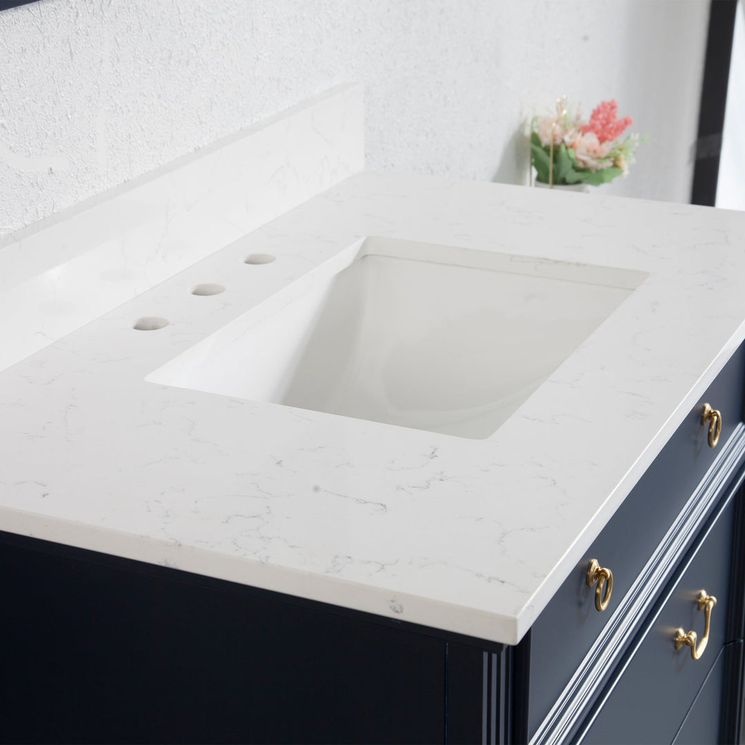36 in. Navy Blue Single Sink Freestanding Solid Wood Bathroom Vanity Storage Organizer with Carrara White Quartz Countertop