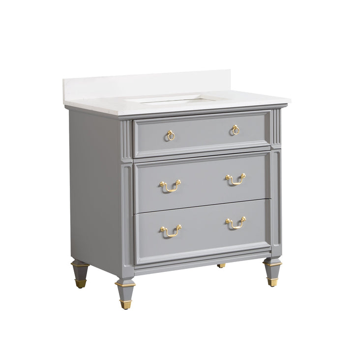 36" Titanium Grey Single Sink Freestanding Solid Wood Bathroom Vanity Storage Organizer with Carrara White Quartz Countertop