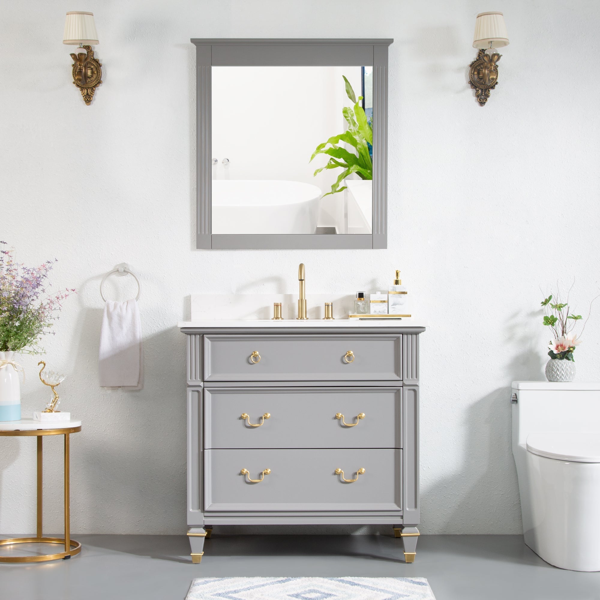 36 in. Titanium Grey Single Sink Freestanding Solid Wood Bathroom Vanity Storage Organizer with Carrara White Quartz Countertop