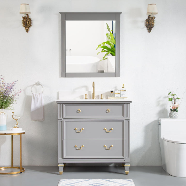 36" Titanium Grey Single Sink Freestanding Solid Wood Bathroom Vanity Storage Organizer with Carrara White Quartz Countertop