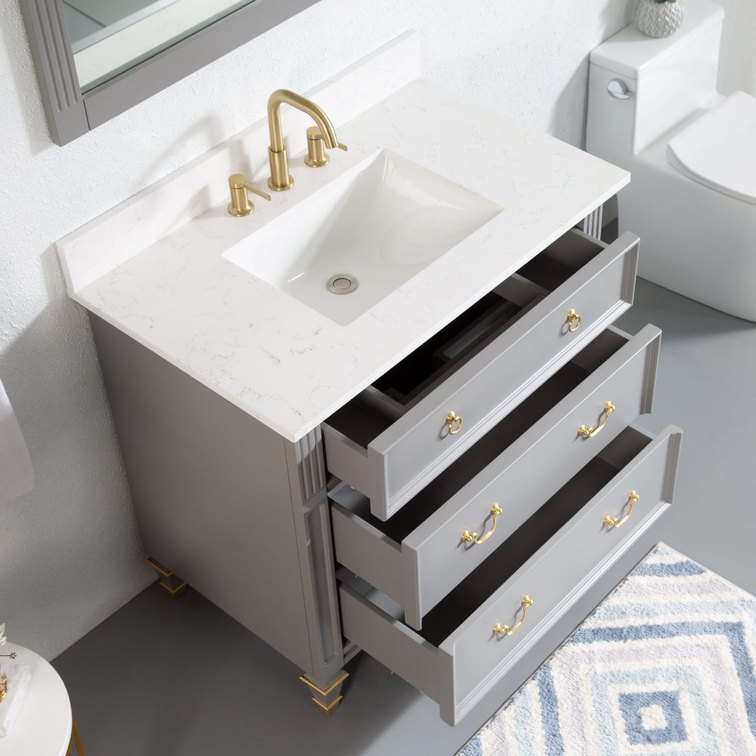 36" Titanium Grey Single Sink Freestanding Solid Wood Bathroom Vanity Storage Organizer with Carrara White Quartz Countertop
