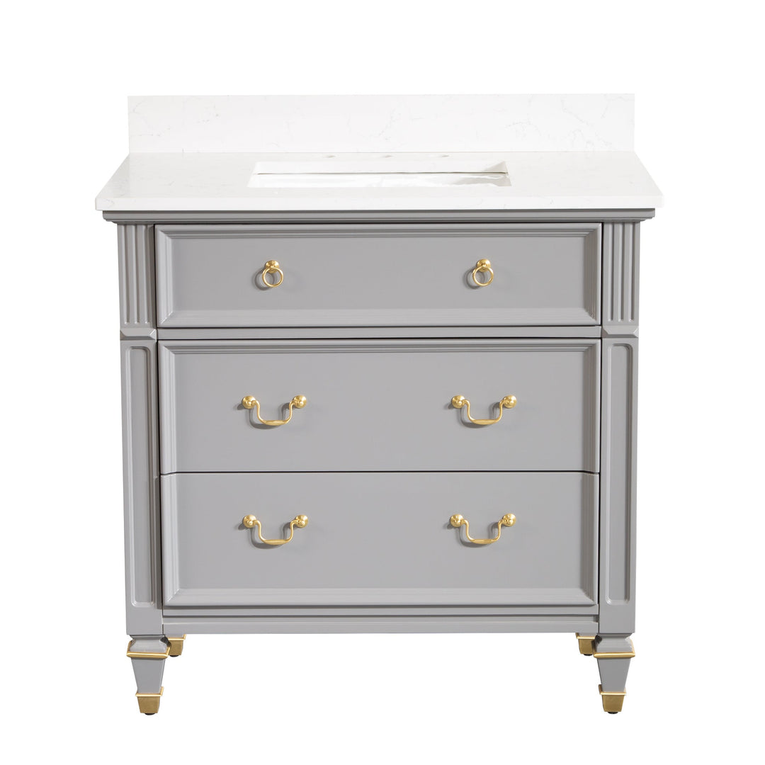 36" Titanium Grey Single Sink Freestanding Solid Wood Bathroom Vanity Storage Organizer with Carrara White Quartz Countertop