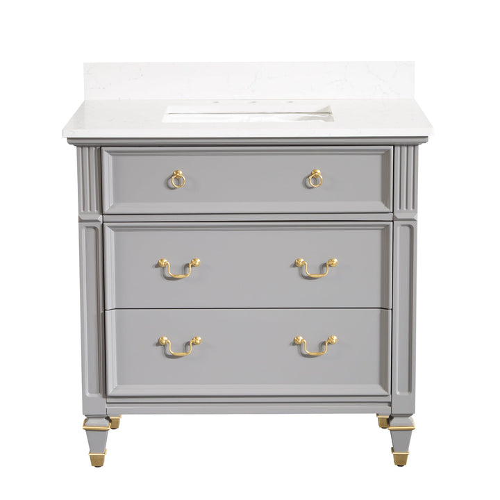 36" Titanium Grey Single Sink Freestanding Solid Wood Bathroom Vanity Storage Organizer with Carrara White Quartz Countertop