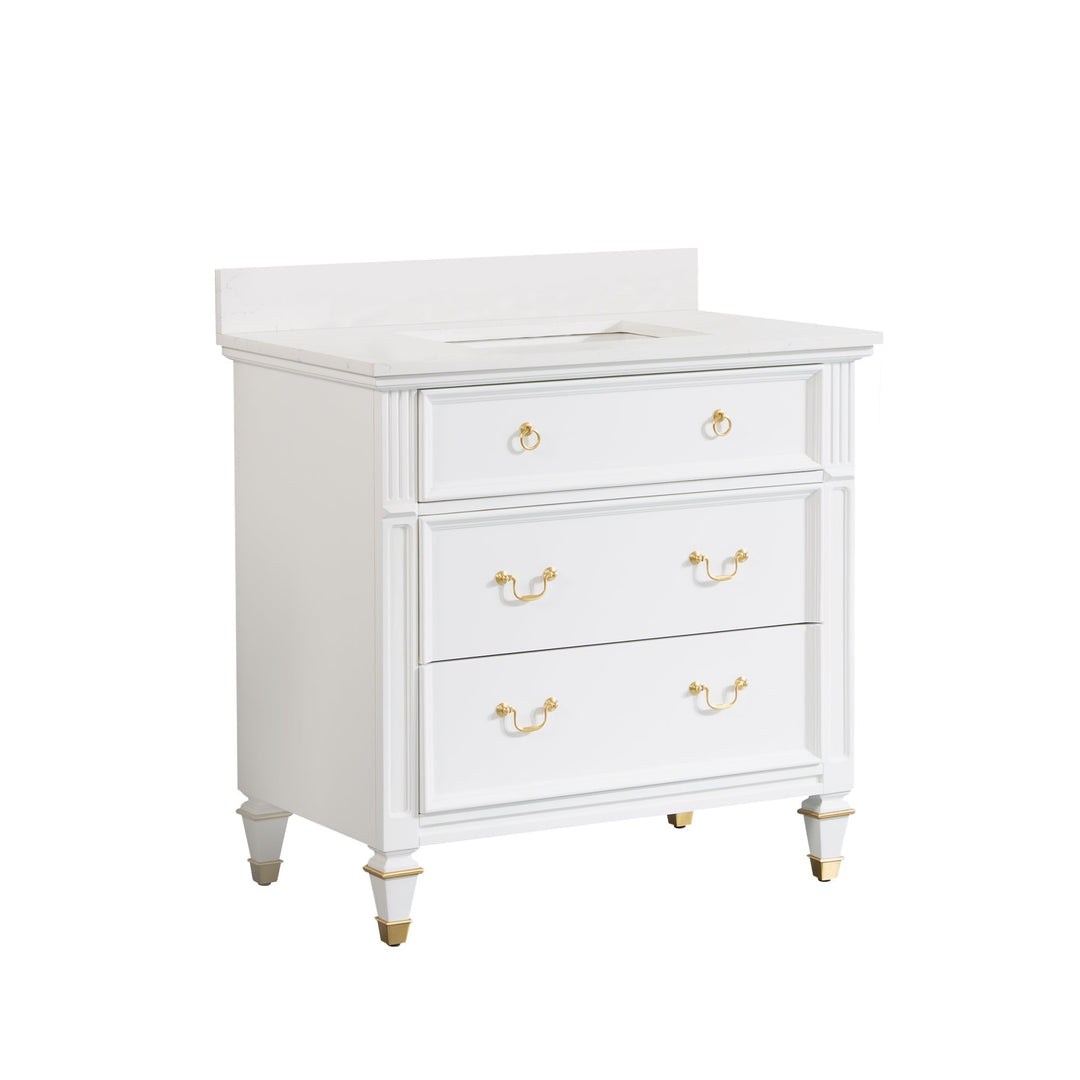36" White Single Sink Freestanding Solid Wood Bathroom Vanity Storage Organizer with Carrara White Quartz Countertop