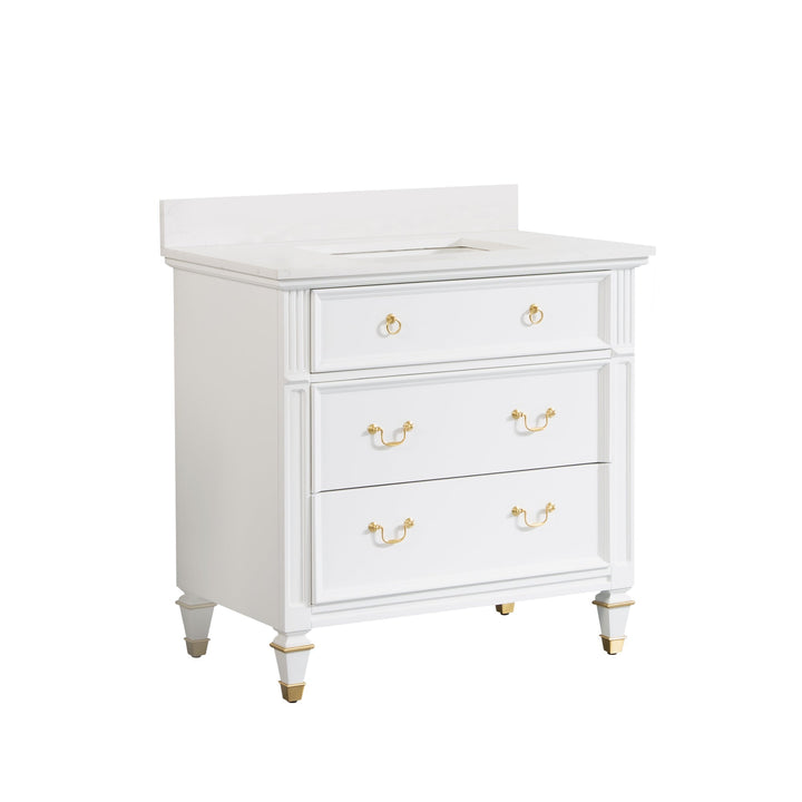 36" White Single Sink Freestanding Solid Wood Bathroom Vanity Storage Organizer with Carrara White Quartz Countertop