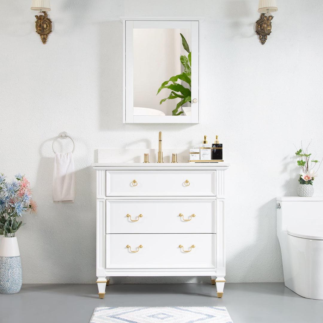 36" White Single Sink Freestanding Solid Wood Bathroom Vanity Storage Organizer with Carrara White Quartz Countertop