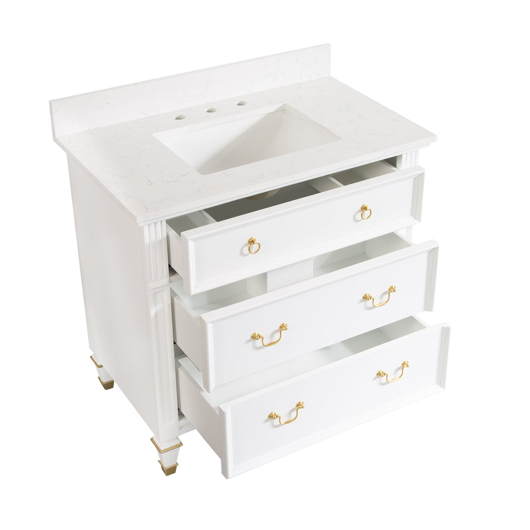 36" White Single Sink Freestanding Solid Wood Bathroom Vanity Storage Organizer with Carrara White Quartz Countertop