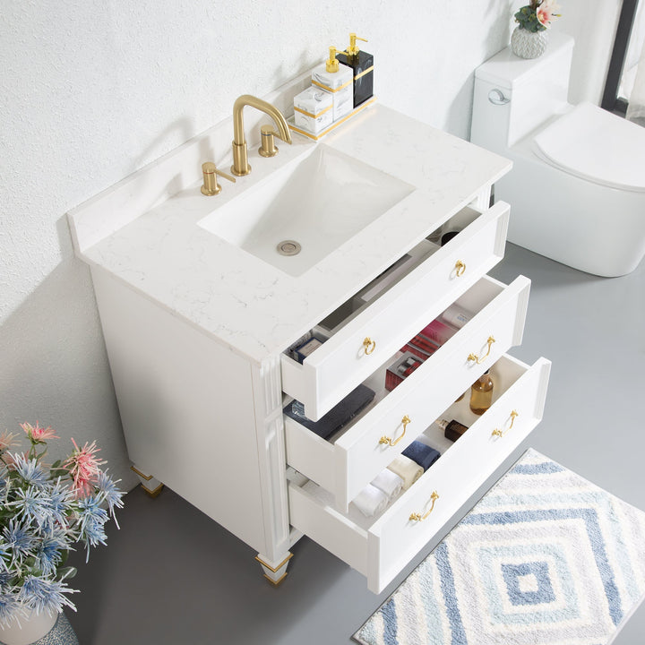 36 in. White Single Sink Freestanding Solid Wood Bathroom Vanity Storage Organizer with Carrara White Quartz Countertop