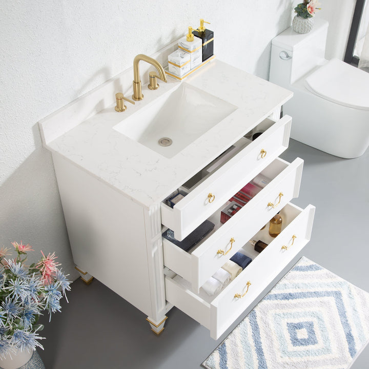 36" White Single Sink Freestanding Solid Wood Bathroom Vanity Storage Organizer with Carrara White Quartz Countertop